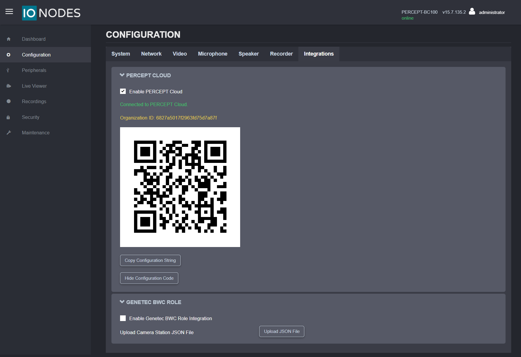 PERCEPT Cloud integration configuration code screen