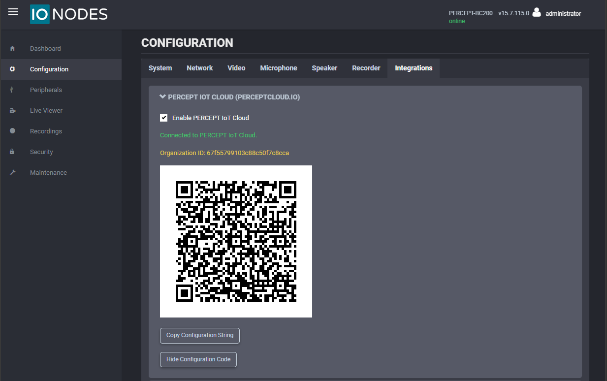 PERCEPT Cloud integration configuration code screen