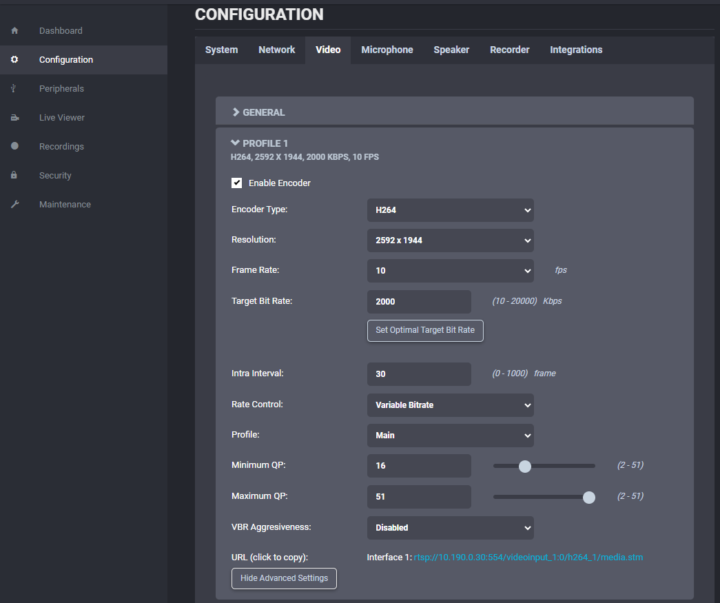 Configuration des profils vidéo