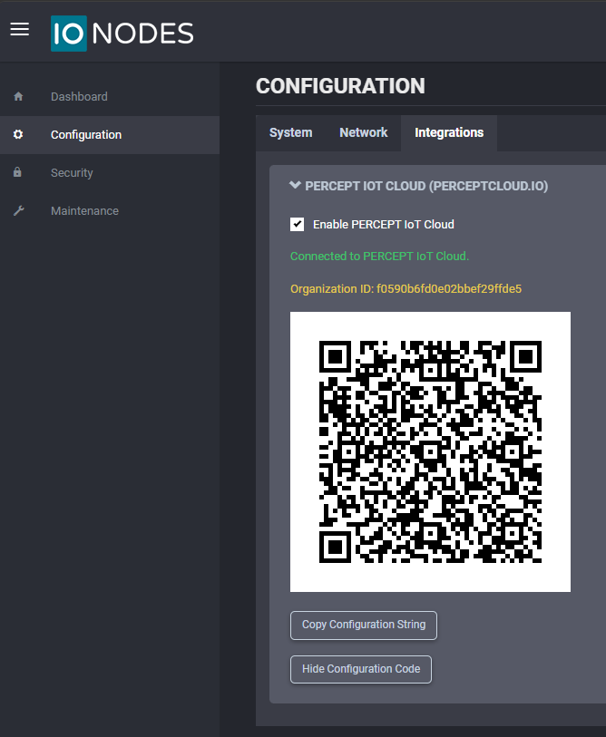 PERCEPT Cloud integration configuration code screen