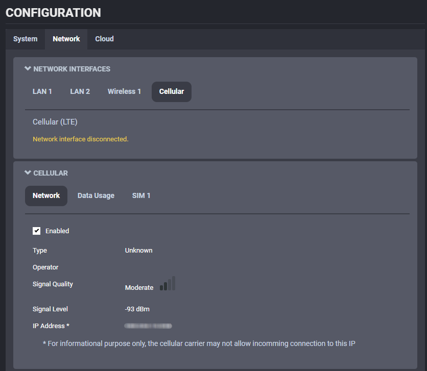 Configuration Cellular Network Status