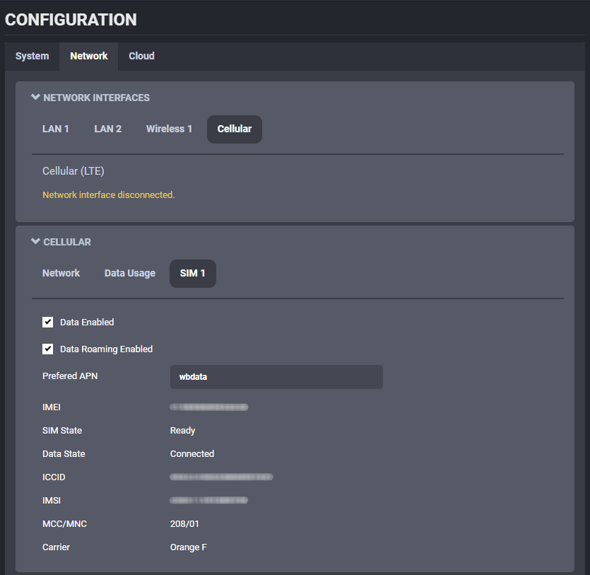 Configuration Cellular Sim Settings