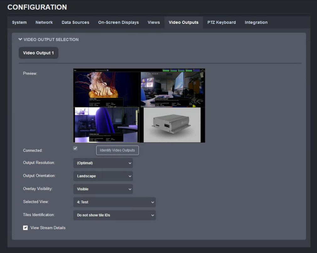 Video Outputs tab