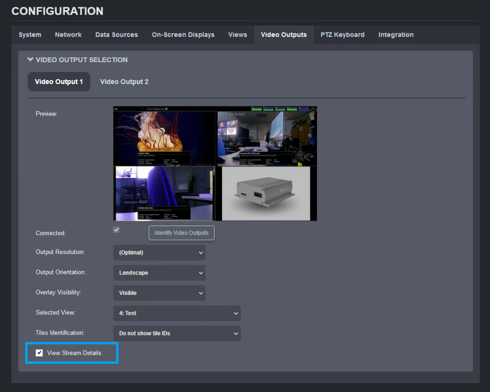 Video Outputs view stream details option