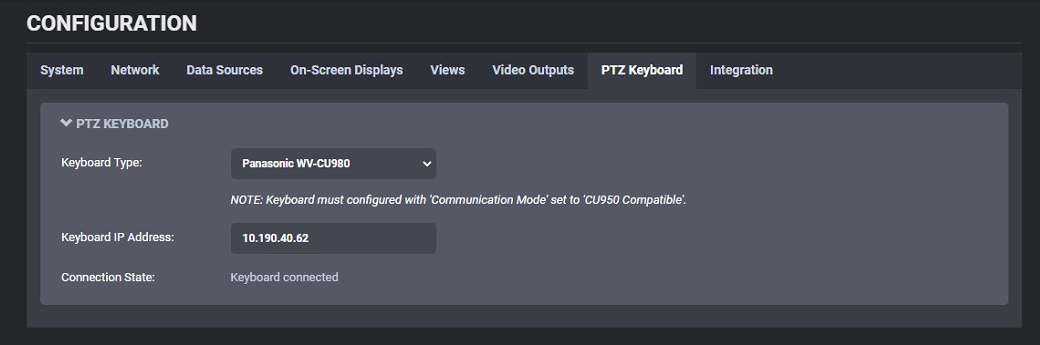 PTZ keyboard network configuration