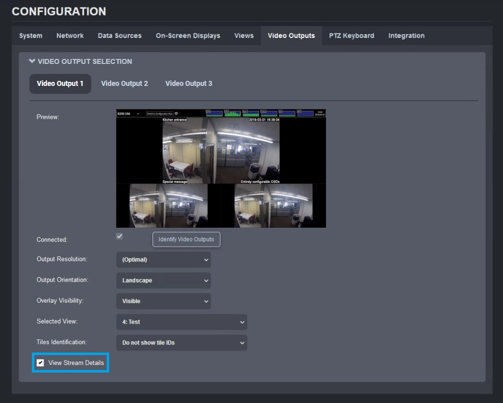 Video Outputs view stream details option